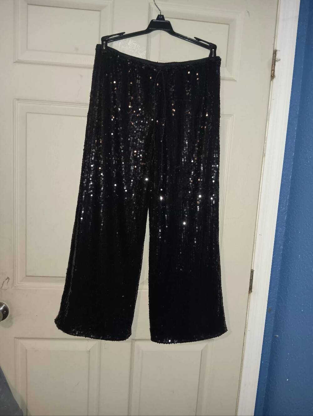 Musera Womens Black Sequin Pants Elastic Waist With Drawstring Sz S Straight Leg